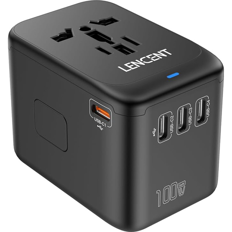 LENCENT 100W International Travel Adapter, GaN Universal Travel Plug with 1 USB-A & 4 Type C Power Adapter, Fast Charger for Phone, Laptops, Worldwide Plug Adapter for USA/UK/EU/AUS, Black