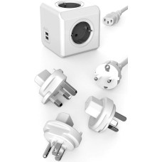 Travel-Cube ReWirable DuoUSB, Power Cube for 4 Plugs and 2 USB Ports (2.1 A), Multiple Socket with Schuko Cable and 3 Travel Adapters for UK USA AUS, Grey/White