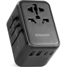 ESSAGER Travel Adaptor 65 W USB C Charger, EU Socket 2500 W with 2 USB, 2 USB C and 1 PD 65 W Fast Charging, with EU/US/UK/AUS Plug, Travel Plug Worldwide for USA, England, Australia, Europe,