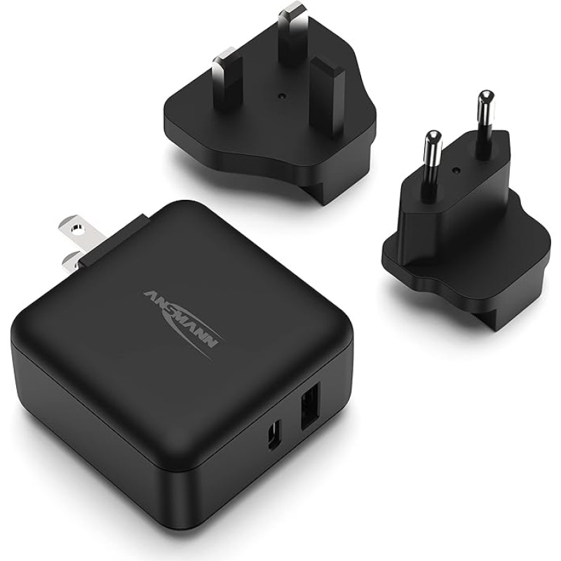 ANSMANN Caricatore USB da viaggio 30 W Carica Rapida Adattatore Universal da Viaggio Spina da Viaggio Con 1x Porta USB A + 1x USB C e Spine Intercambiabili per adattatore USA UK Europe