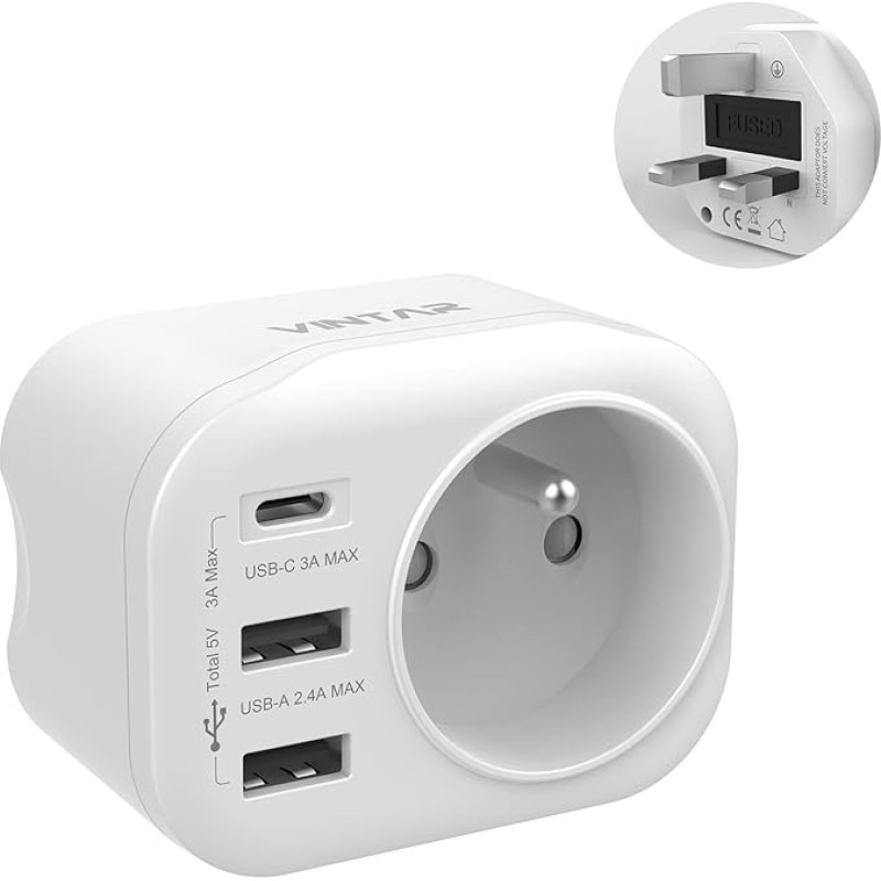 VINTAR 1 x Adaptor Prise Anglaise UK Angleterre Française Adaptateur de Voyage Avec 2 USB-A et 1 USB-C 3A, Adaptor Prise France vers UK Ireland Malaisie Singapour, Type G