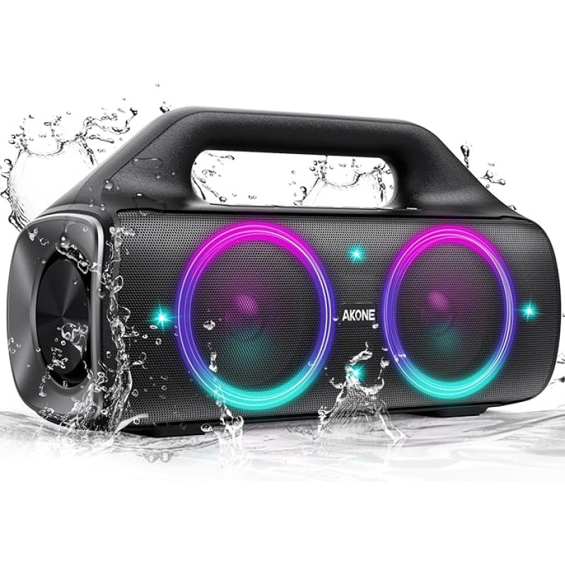 AKONE Bluetooth Speaker, 80 W Peak Wireless Music Box, Bluetooth, Large with LED Light, Super Bass, 20 Hours Battery, IP67 Waterproof Outdoor Speaker, Loud Party Speaker for Camping, Beach, Garage