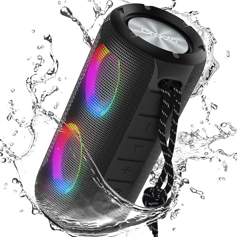 oraolo Powerful Portable Bluetooth Speaker with Double Lights, 24 Hours, Powerful Bass, IPX6 Waterproof, Bluetooth 5.3, AUX Input, Built-in Microphone, Rechargeable Type C