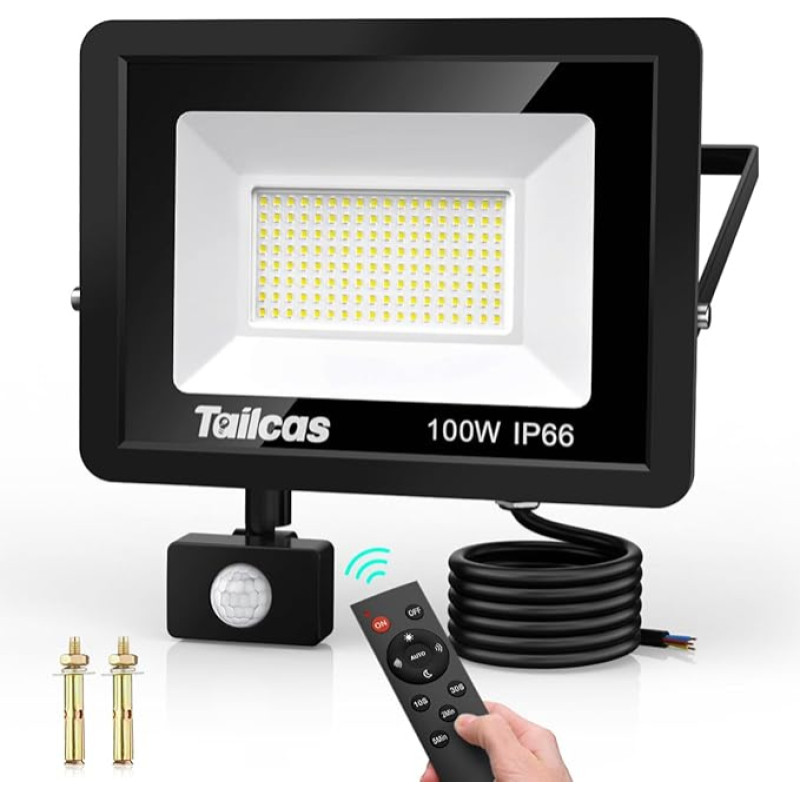 Tailcas LED Spotlight with Motion Sensor Outdoor 100 W, 6500 K Cool White LED Floodlight Outdoor Light, Super Bright 9000 LM Outdoor Spotlight, IP66 Waterproof Outdoor Lamp with Remote Control for