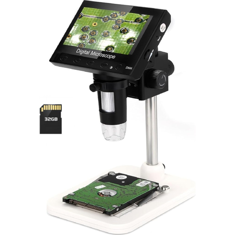 WADEO 4.3 Inch LCD Digital Microscope 1000x Including 32GB Card, Portable Microscope for Children, USB Digital Microscope with 8 Adjustable LEDs and Metal Stand, PC View, MacOS Windows Compatible