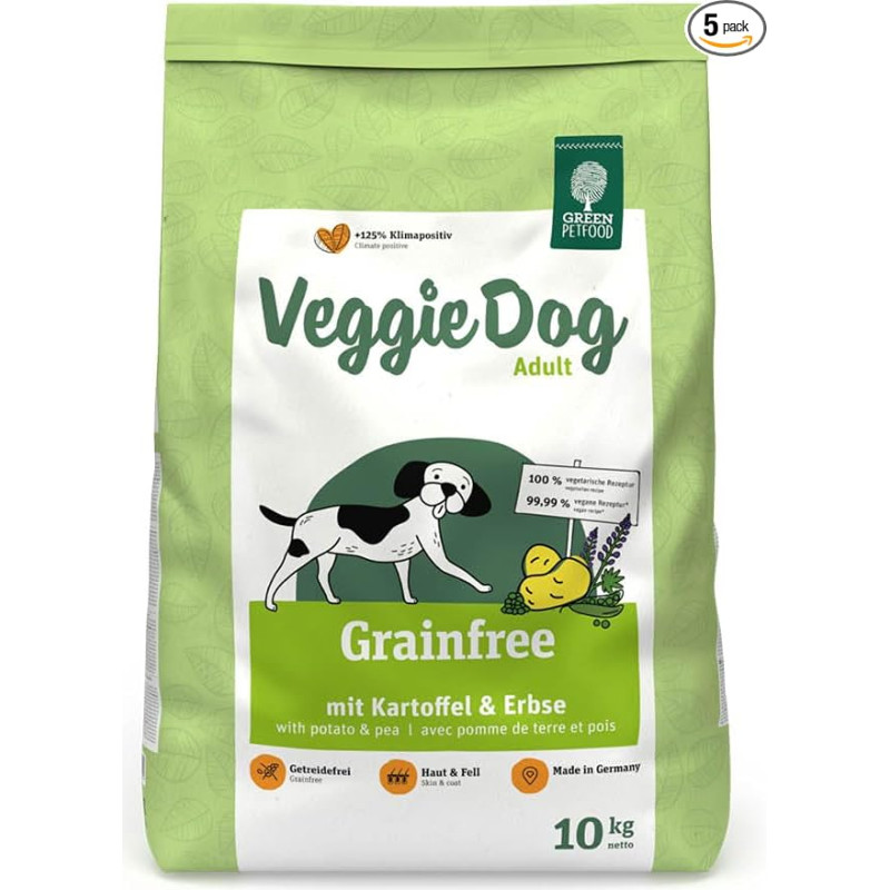 Green Petfood VeggieDog Grainfree (5 x 900 g) | Suaugusiesiems | Aukščiausios kokybės sausas maistas suaugusiems jautriems šunims | Vegetariškas su bulvėmis ir žirniais | Be kviečių | Tvarus maistas šunims | Pakuotė po 5 vnt.