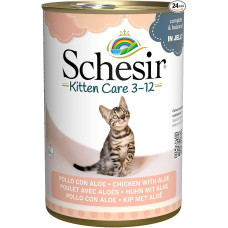 Schesir Cat Jelly Kitten Chicken Fillet with Aloe Vera, drėgnas kačių ėdalas kačiukams želė, 24 skardinės x 140 g