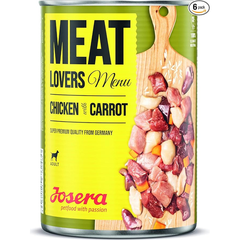 Josera Meat Lovers Menu Vištiena su morkomis Drėgnas maistas šunims Daug mėsos Be glitimo Sultinga vištiena, skani jautiena ir kiauliena su ryžiais ir morkomis Visavertis maistas šunims 6 x 800 g