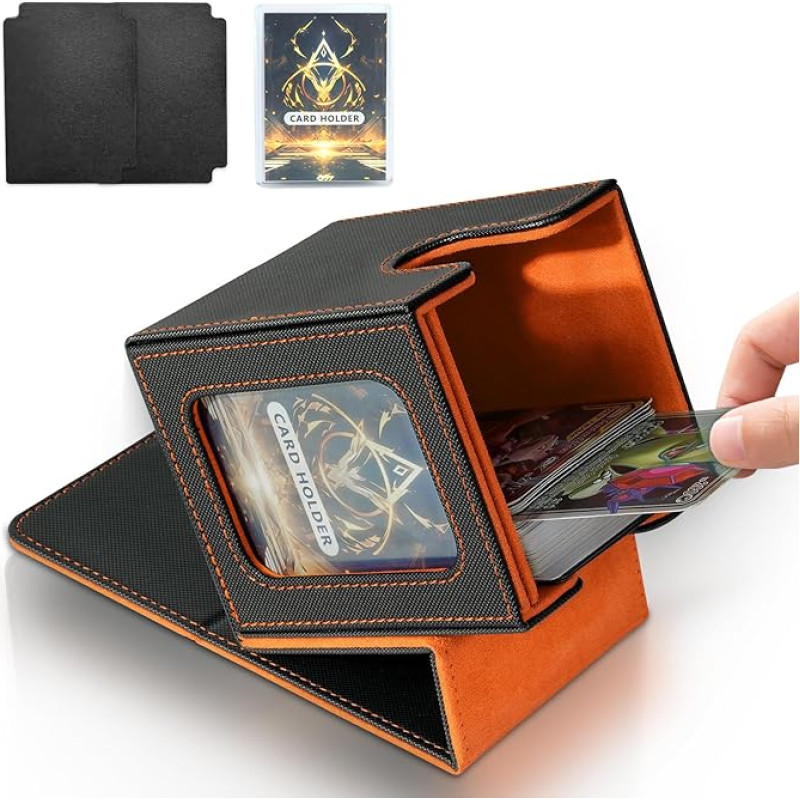 Jamiukro Card Deck Box for MTG Commander, TCG Card Box, PU Leather Magnetic Trading Card Storage Box, Holds 100 Double Sleeve Cards, Black & Orange