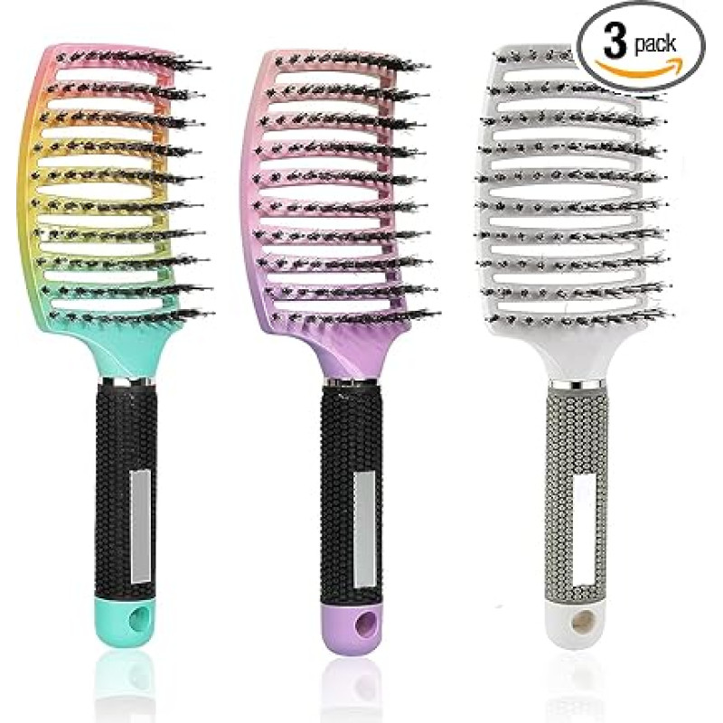 Hair Brush, 3 Pieces Curly Hair Brush, Comb, Boar Bristle, Paddle Hair Brush, Boar Bristle, Paddle Hair Brush for Women, Detangling Thick Hair, Ventilated for Faster Drying,