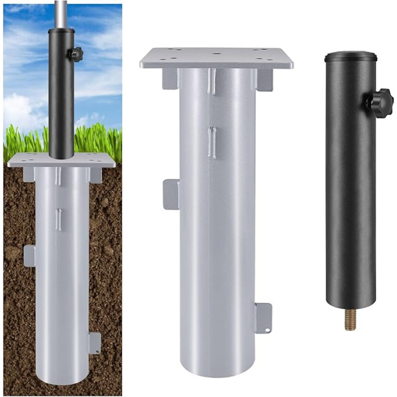 Skėčių stovas su skėčio vamzdžiu, universali metalinė pagrindo plokštė su skėčio stovu, skirta konsoliniams skėčiams, skėčių stovas, įžeminimo įvorė skėčiui, skėčio su alkūne, skėčio su skėčiu stovas,