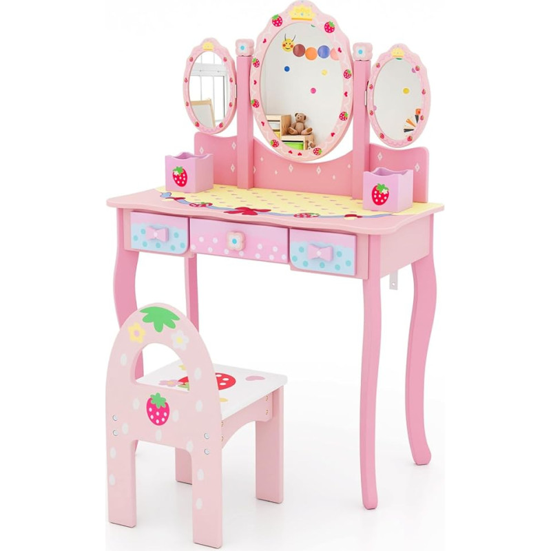 DREAMADE Vaikų tualetinis staliukas su taburete ir priedais, princesės tualetinis staliukas su sulankstomu veidrodžiu ir 3 stalčiais, tualetinis staliukas vaikams mergaitėms (rožinis)