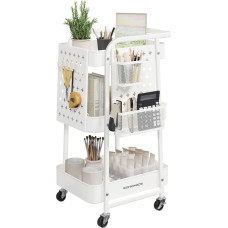 SONGMICS virtuvės vežimėlis, 3 metalinės tinklinės lentynos, serviravimo vežimėlis, 2 išimamos perforuotos lėkštės, 2 pakabinami krepšiai, 4 kabliukai, skirtas biurui, virtuvei, svetainei, vonios kambariui, debesų balta LRC037W01