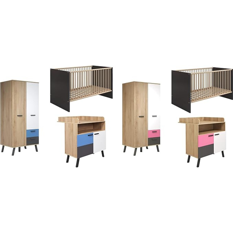 trendteam smart living - 3 dalių kūdikio kambario baldų derinys - kūdikio kambarys - kilimėlių spalva - spalva Bianco bukas/baltas/pilkas su mėlyna/rožine - 1976601D4