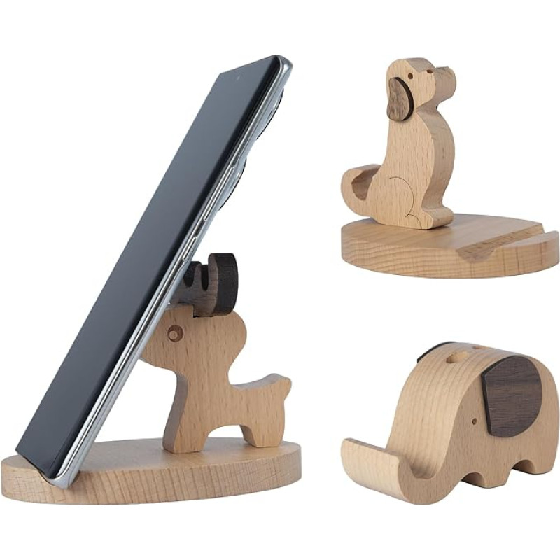 LYNNYUKI Cut Dog Telefonständer, Kawaii-Elefant, Schreibtischzubehör, Holz-Elch, Handyhalterung, passend für Smartphone, iPhone, iPad, 3 Stück