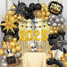 126 Pieces 2025 New Year Party Decorations Black Gold Balloon 58 Inch Foil Balloon 2025 Number Happy New Year Banner Champagne Balloons Fringe Backdrop for New Year's Eve Party Decoration