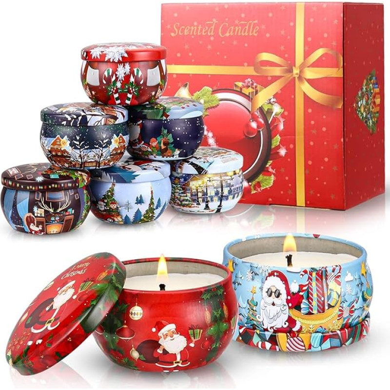 Christmas Candles 8 Pieces, Christmas Aroma Candles Scented Candle Gift Set, Natural Soy Wax for Yoga, Aromatherapy, Massage, Relieve Stress, Friends and Family Holiday Dinner, Christmas Party