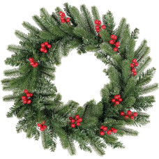 Kalėdinis vainikas priekinėms durims su 12 raudonų uogų, 120 pušies lapų antgalių, dirbtinė kalėdinė girlianda, pagaminta iš PVC + PE, kabantis vainikas, kalėdinė dekoracija vidaus lauko langų židinio sienai