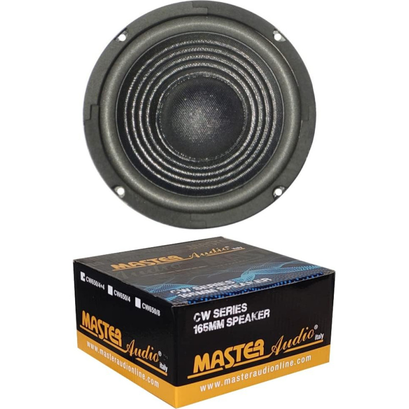 1 Žemųjų dažnių garsiakalbis MASTER AUDIO CW650/4+4 Garsiakalbis 16,50 cm 165 mm 6,5 colio skersmens 120 W RMS 240 WTT Max Dviguba ritė 4 + 4 Ohm Dangtelis su dangteliu Pakuotė po 1 vnt.