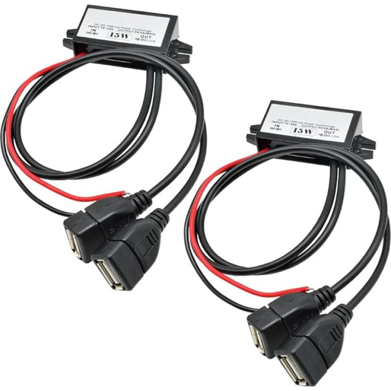 12 V to USB, 12 V to 5 V USB adapter, DC buck converter module 3 A 15 W DC to DC car power converter adapter, pack of 2 (dual USB)