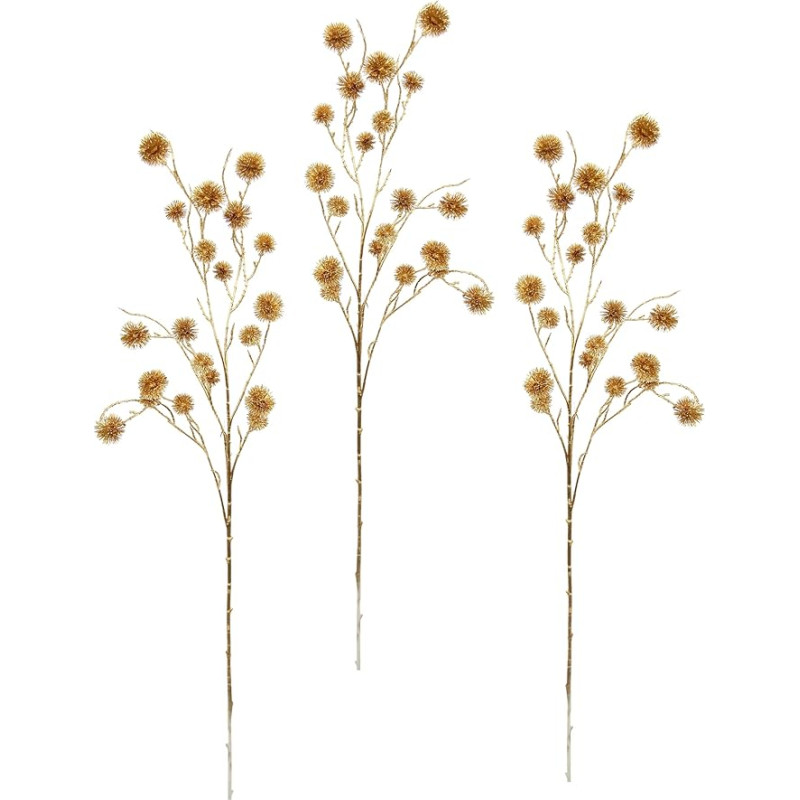 Flair Flower Artificial Mini Thistle Branch Gold Metallic Set of 3 Artificial Branch Decorative Plant Noble Thistle Branch Christmas Decoration Single Flower Winter Flower Plastic Flowers Artificial