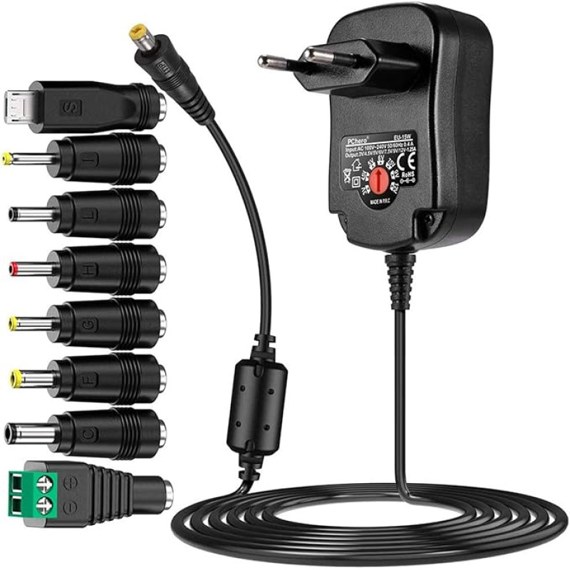 PChero 15W Universal Steckernetzteil mit 150cm Kabel und 8 Abnehmbar DC Stecker für 3V-12V Haus Elektronik und USB-Geräte, 1500mA Max