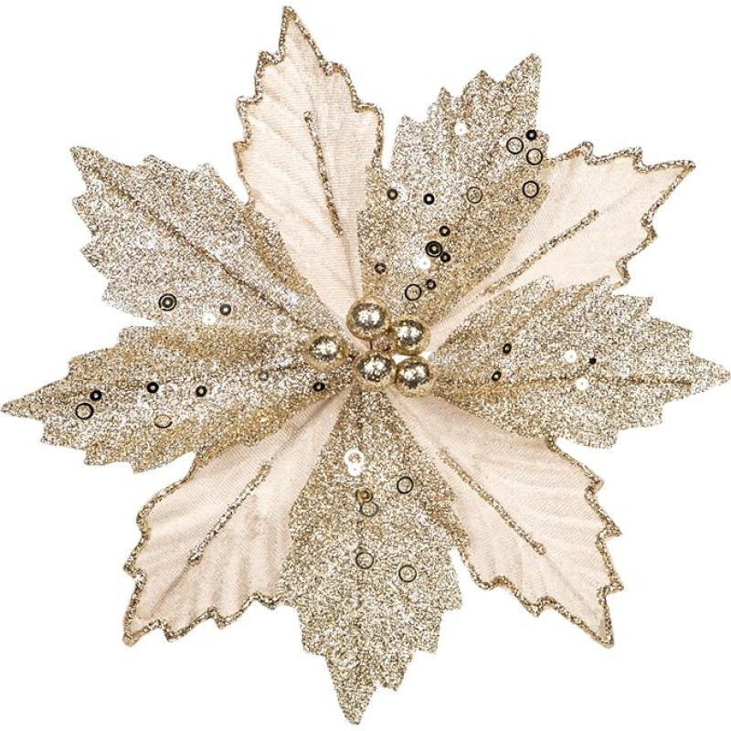 Arborus Pack of 8 Artificial Christmas Flowers, Artificial Poinsettia, Glitter Christmas Tree Decorations, Champagne Artificial Flower with Clips, Artificial Flowers for Christmas Tree, Christmas