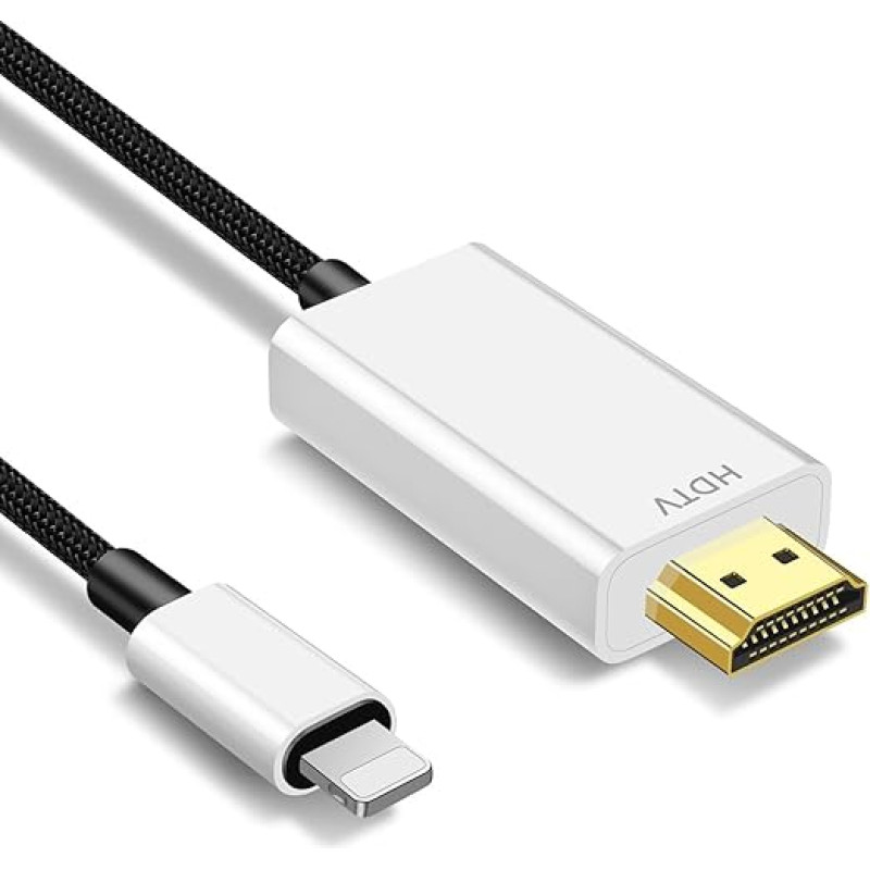 HDMI kabelis i-phone, HDMI adapteris, skirtas i-phone, i-Pad arba i-Pod perkelti į televizorių, HDMI jungiamasis kabelis, iOS 17, 16, 15, 14, YouTube TV išvestis, HD raiška 1080P, 3 m,