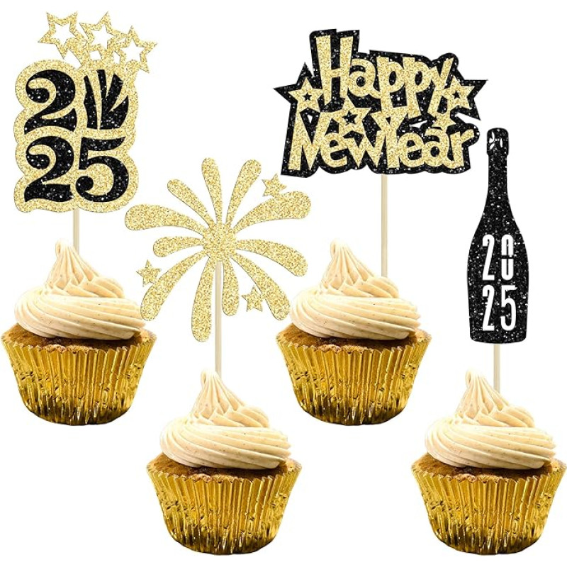 Gyufise Pack of 24 Happy New Year Cupcake Toppers 2024 Happy New Year Party Decorations Gold Black Glitter Fireworks 2024 Cupcake Topper Cheers to 2024 Cake Picks for New Year's Eve Party Supplies