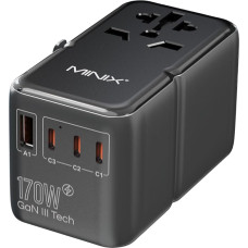 MINIX 170 W kelioninis adapteris visame pasaulyje, GaN III kelioninis adapteris su 3 USB-C ir 1 USB-A prievadais, tarptautinis maitinimo adapteris, kintamosios srovės kištukinis lizdas, suderinamas su JAV, JK, ES ir ES nešiojamiesiems kompiuteriams, planš