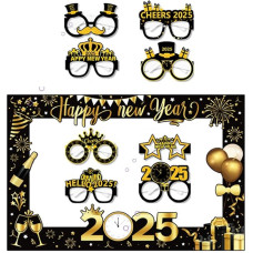 Dusenly 2025 Neujahr Fotorahmen Requisiten mit Schwarz Gold 2025 Happy New Year Brille Papier Brillen Requisiten für 2025 Neujahr Party Supplies