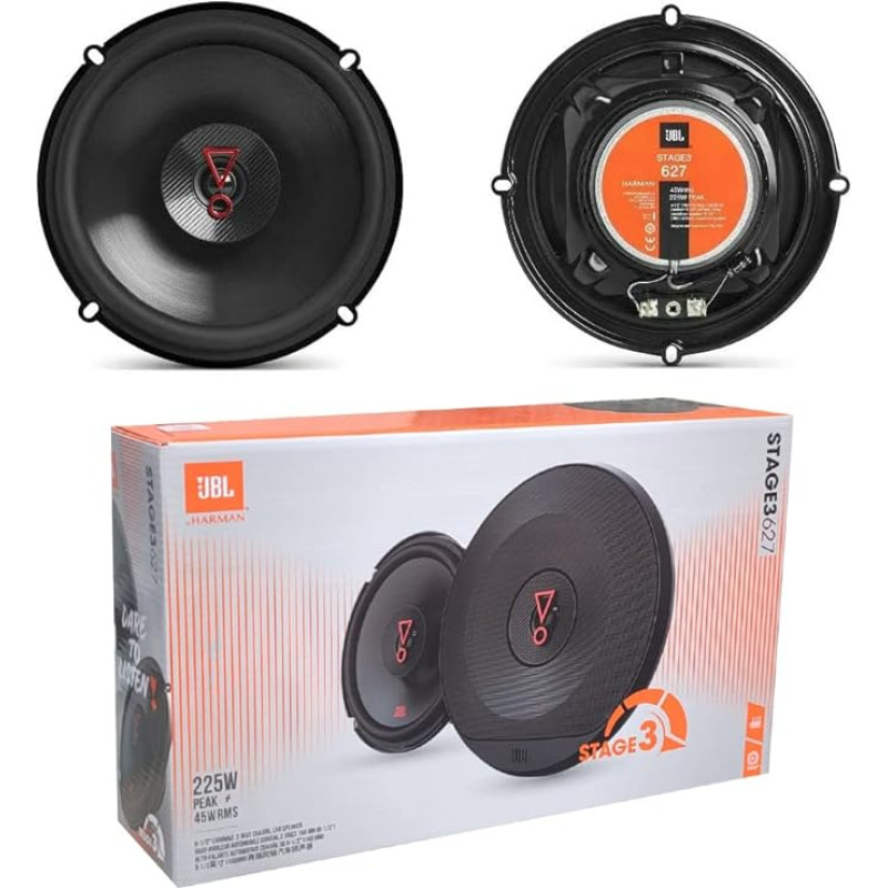 JBL STAGE3 627 2 garsiakalbiai koaksialiniai 2 krypčių 6,5 colio 16,00 cm 160 mm 45 W RMS 225 W maksimali varža 3 omų impedanso 92 dB SPL Automobilis vienai porai