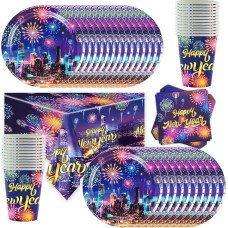 Doyomtoy New Year's Party Tableware, Christmas Party Set with Tablecloth, Plates, Cups, Napkins for New Year's Party