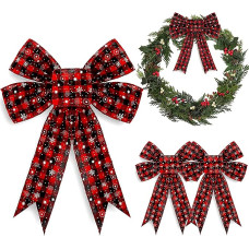 Whaline 4 x Kalėdų lankai Kalėdų vainikai lankai Pledas Kalėdų eglutė lankai Burlap Kalėdų dekoracijos lankai dekoracijos Naujųjų metų šventinė raudona ir juoda (32 x 26 cm)