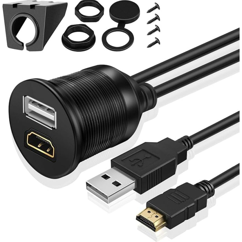 TNP USB + HDMI Einbaubuchse Kabel - 2m, Kfz USB & HDMI Einbau Buchse Kabel, Auto USB & HDMI Aux Verlängerungskabel, Stereo Audio Adapter für Armaturenbrett, LKW, Boot, Motorrad, Autoradio, schwarz