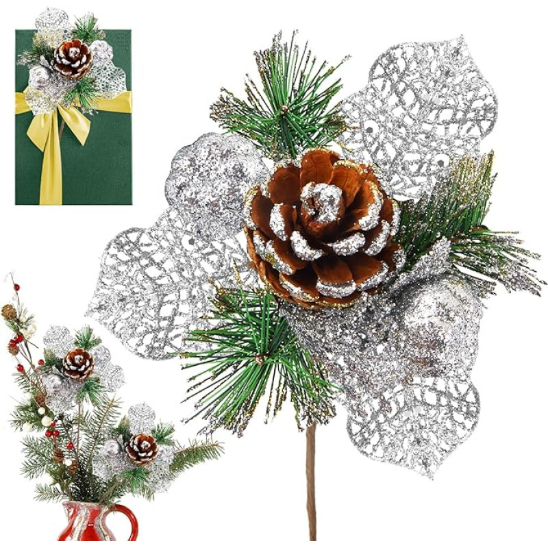 ZoneYan Dirbtinės uogos, 4 vnt. dirbtinių pušų šakų, kalėdiniai auginiai su uogomis ir pušų kankorėžiais, kalėdinių uogų stiebai, puikiai tinka Kalėdų eglutėms, dovanų dėžutėms ir vainikų dizainui