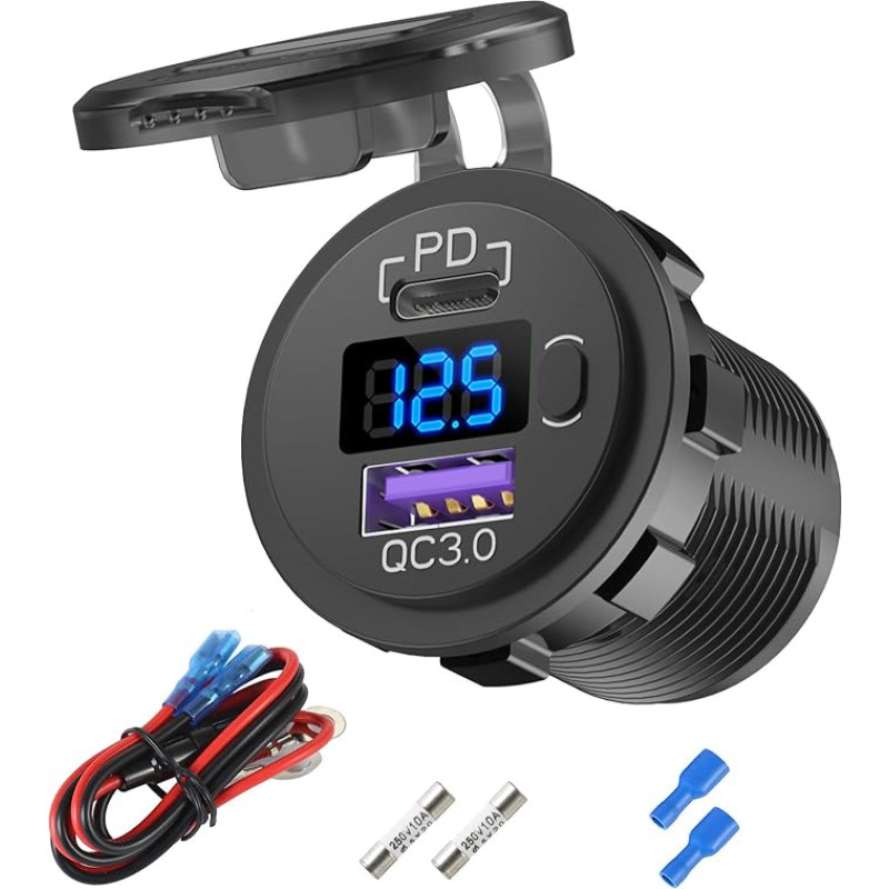 12 V USB C automobilinis įkroviklio lizdas, 12 V USB cigarečių žiebtuvėlio pakeitimas su PD3.0 ir QC3.0 automobiliniu USB prievadu, vandeniui atsparus 12 V USB lizdas su maitinimo jungikliu, įtampos matuokliu automobiliui, jūrų laivynui, sunkvežimiui,