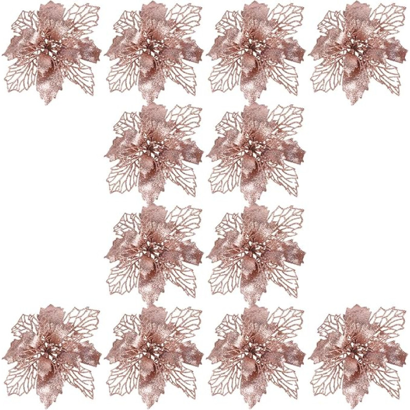 TOYANDONA 12 x dirbtinė puansetija su blizgučiais, skirta vestuvių Kalėdų vainikui, medžio papuošimams Naujiesiems metams (rožinis auksas)