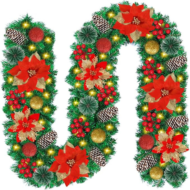 Kalėdų girlianda su apšvietimu, 270 cm LED šiltai balta kalėdinė girlianda Eglės girlianda Dirbtinė kalėdinė dekoracija Girlianda interjero dekoravimui Židiniai Laiptai Sienos durys