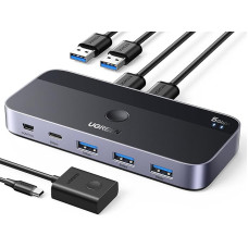 UGREEN USB jungiklis 2 PC su 1 x USB C prievadu ir 3 x USB A prievadais, 2 įvesties ir 4 išvesties USB 3.0 jungiklis aliuminio korpusu su staliniu valdikliu, 2 USB A-A kabeliai klaviatūrai, pelei, spausdintuvui, skaitytuvui, USB