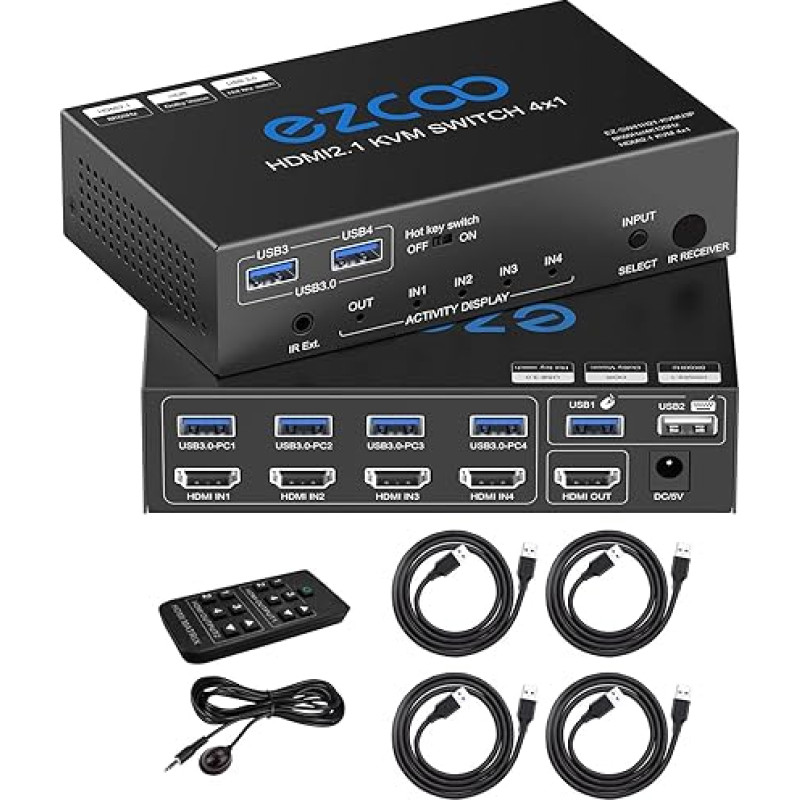 8K HDMI 2.1 KVM jungiklis USB 3.0 4 prievadai su sparčiuoju klavišu 8K @ 60Hz 4K @ 120Hz 48Gbps Dalytis 4 kompiuteriais su klaviatūra Mous HDR D-olby Vision HDCP2.2 Nuotolinis valdymas USB 3.0 kabelis x 4