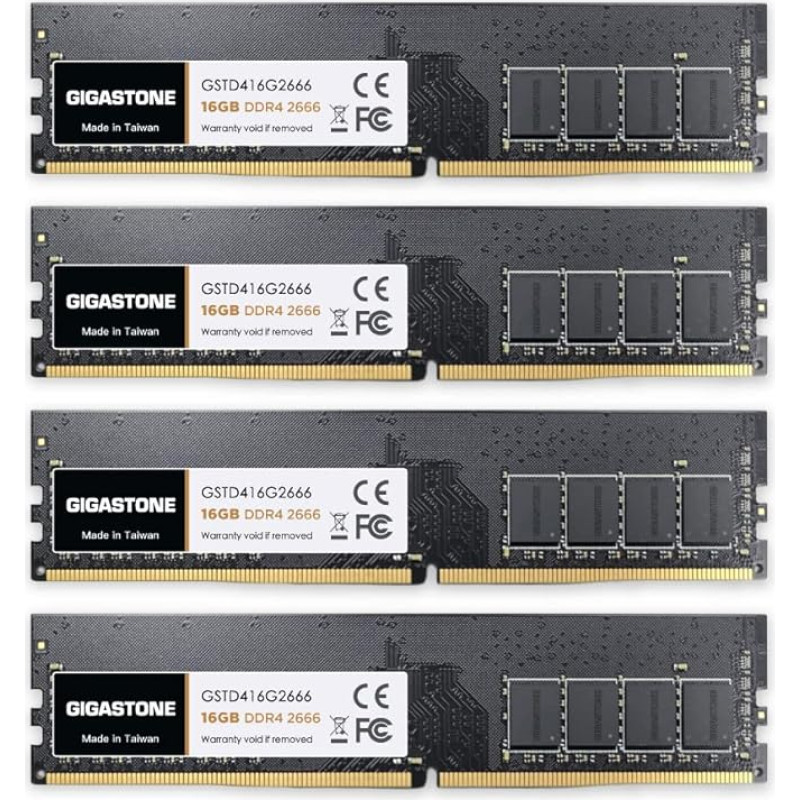 DDR4 OPERATYVIOJI ATMINTIS: GIGASTONE 64GB rinkinys (4x16GB) DDR4 2666MHz (2400MHz arba 2133MHz) PC4-21300(PC4-19200/17000) CL19 1.2V UDIMM 288Pin Non-ECC Unbuffered PC Desktop High Upgrade atnaujinimas atnaujinimas