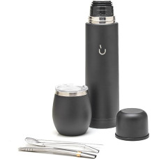 balibetov Complete Yerba Mate Set - Modern Mate Gourd, Thermos, Bombilla and Cleaning Brush Included - All Premium Quality 304 18/8 Stainless Steel (All Black)