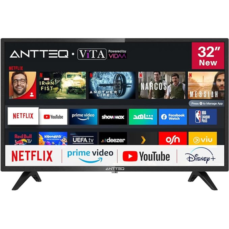 Antteq AV32 TV 32 Inch (80 cm) Smart TV with Netflix, Prime Video, Rakuten TV, DAZN, Disney+, YouTube, UVM, WiFi, Triple Tuner DVB-T2 / S2 / C, Dolby Audio 2024