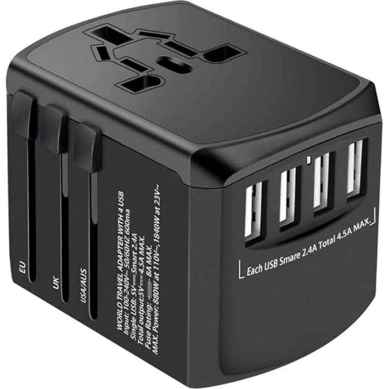 Evershop Travel Adapter Travel Plug Worldwide 224+ Countries Universal Travel Adapter with USB and AC Socket Adapter International Power Adapter for Germany USA UK Italy Europe Dubai China etc