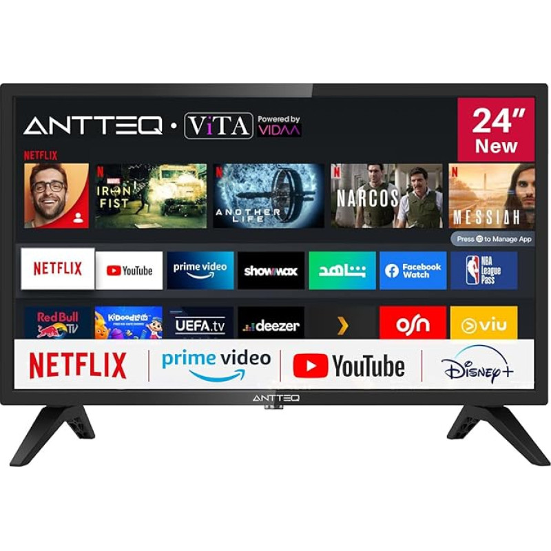 Antteq AV24H3 TV 24 Inch (60 cm) Smart TV with Netflix, Prime Video, Rakuten TV, DAZN, YouTube, UVM, WiFi, Triple Tuner DVB-T2/S2/C