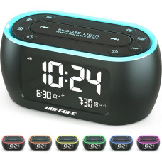 Buffbee Radio Alarm Clock with 7-Colour Night Light, Dual Alarm, Snooze, Dimmer, USB Charger & Nap Timer, Digital Alarm Clock with FM Radio and Auto-Off Timer, Mains Powered with Battery Backup