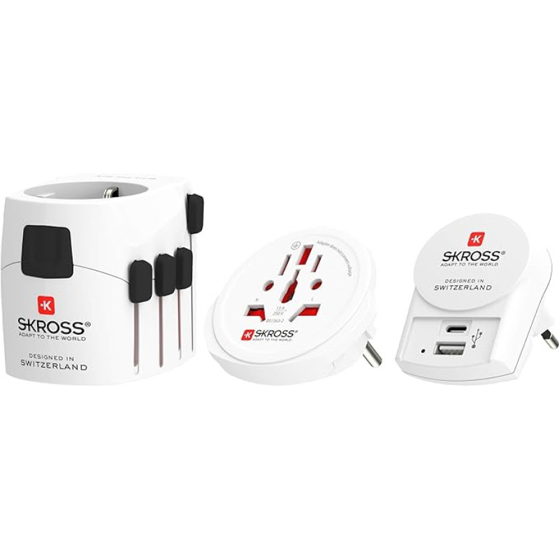 SKROSS | 1.302523 | PRO + USB (AC) | Universal Travel Adapter - 1 USB Type C 3.0A and 1 Type A 2.4A Ports - Voltage and Power 100V - 700W / 250V - 1750W. Anti-Electric Shock Protection