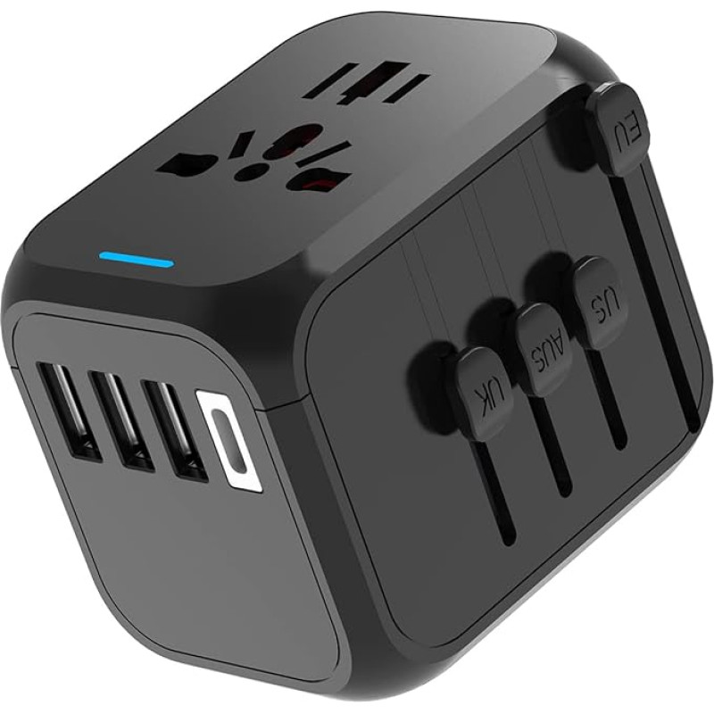 Travel Adapter Worldwide, Universal Socket Adapter International with Indicator Light Worldwide Supports 3 USB and 1 Type-C Travel Plug Adapter for Travel and Connection for EU UK AUS Asia Black