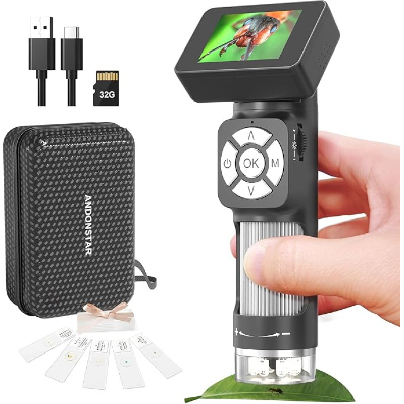 Andonstar AD112 Nešiojamasis kišeninis mikroskopas vaikams ir suaugusiesiems su 2 colių LCD ekranu, mini rankinis skaitmeninis 500X mikroskopas su 8 reguliuojamomis LED lemputėmis, suderinamas su 